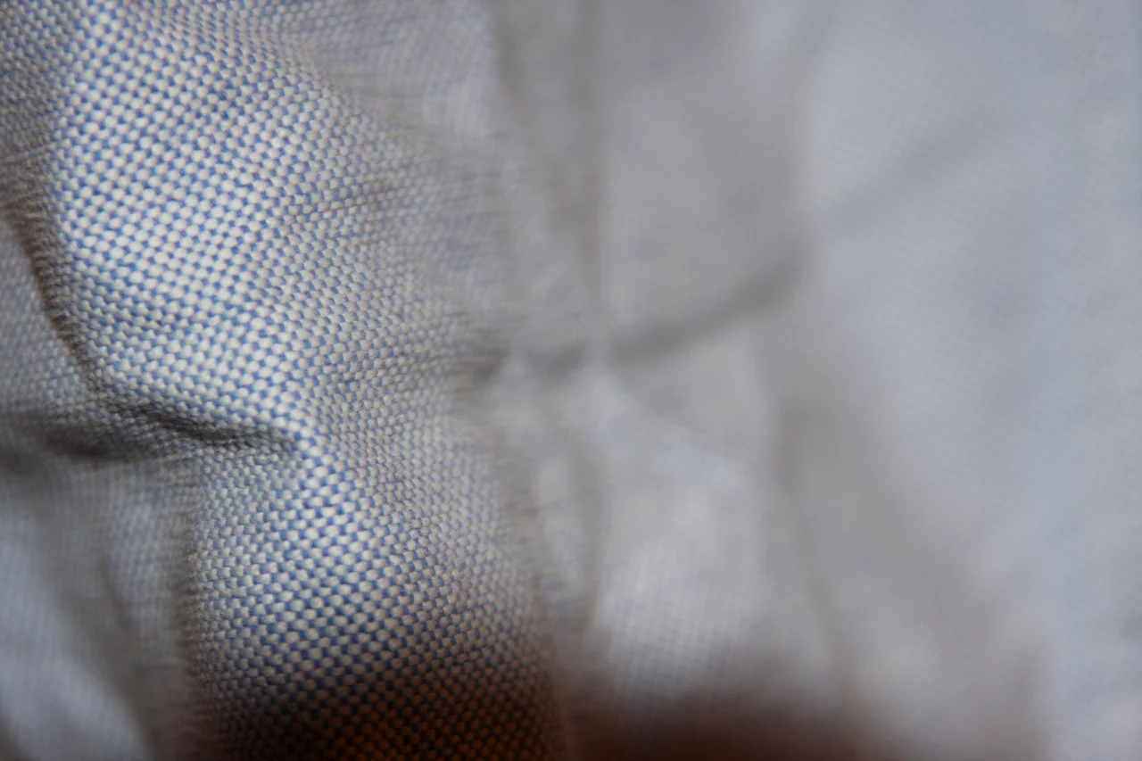 Macro close-up of blue and white oxford cloth, the paired warp yarns of the basket weave legible across the frame.